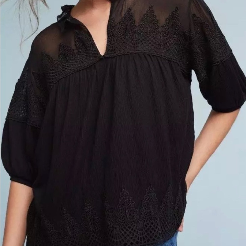 Maeve Black Lace Detail Short Sleeve Blouse